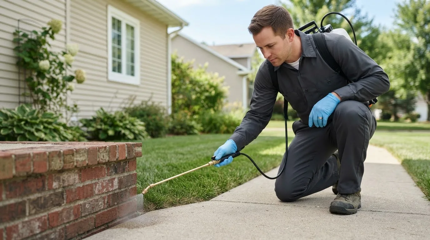 Pest control technician treating a home near Plymouth, OH