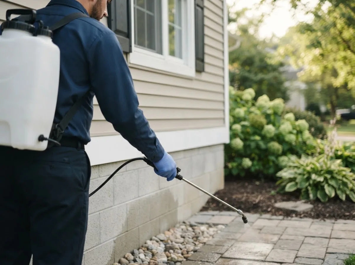 Pest control technician inspecting a home in Plymouth, OH